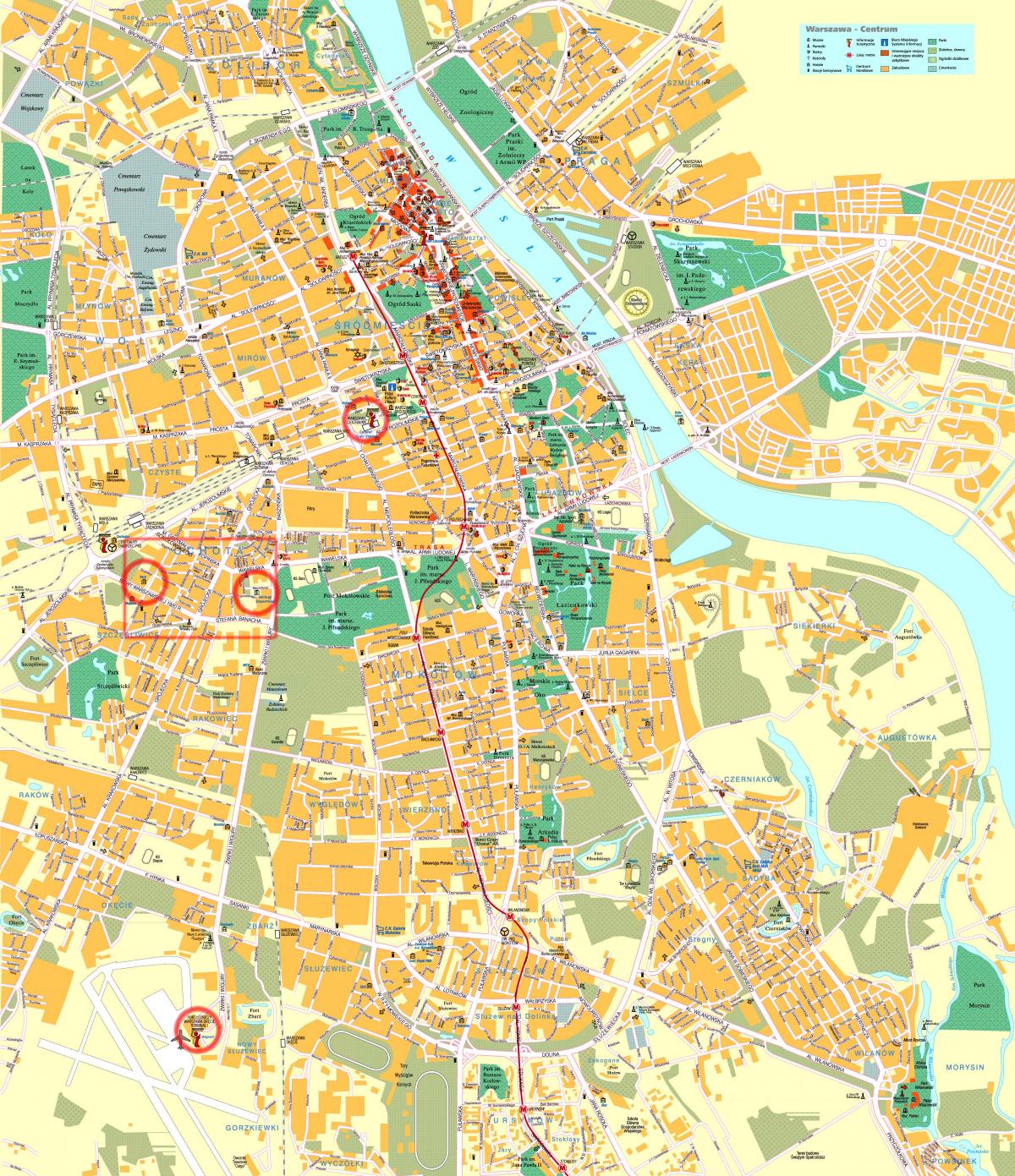 सड़क के नक्शे के वारसा शहर के केंद्र